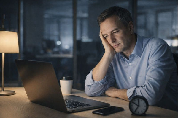 Уставший офисный сотрудник за ноутбуком в вечернее время — символ неудовлетворённости зарплатой и переработок