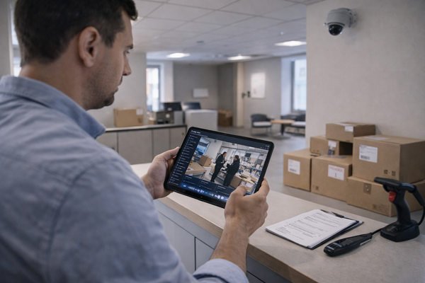 Сотрудник ПВЗ просматривает архив облачного видеонаблюдения на планшете — контроль безопасности в пункте выдачи заказов