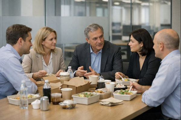 Сотрудники за общим столом в переговорной зоне офиса — офисные праздники как часть бизнес-процесса