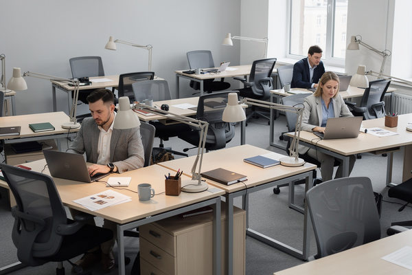 Сотрудники работают в современном офисе класса B с частично занятыми рабочими местами на фоне снижения спроса и роста арендных ставок