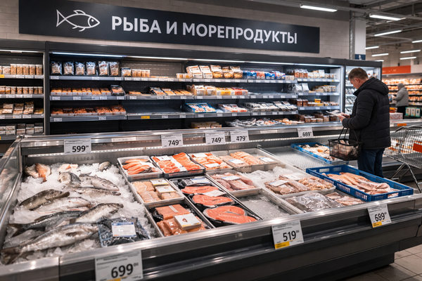 Отдел «Рыба и морепродукты» в российском супермаркете с ценниками на охлаждённую и замороженную рыбу