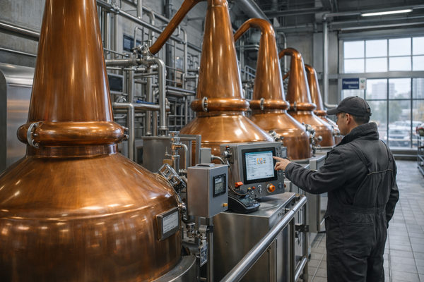 производство вискового дистиллята в России, медные перегонные кубы на заводе, локализация и рост мощностей