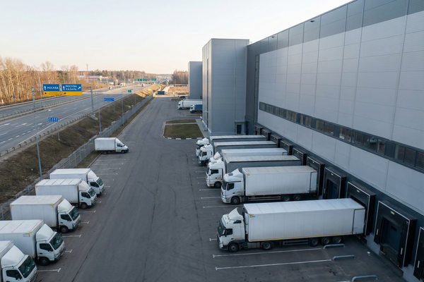 Современный складской комплекс Big Box в Московском регионе с фурами на доковой погрузке рядом с автомагистралью