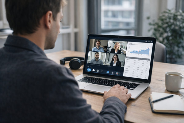 Сотрудник участвует в онлайн-видеосовещании с распределённой командой — пример удалённой работы