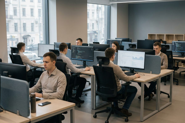 ИТ-специалисты за рабочими станциями в офисе — долгосрочная ИТ-аренда и формирование цифровых команд в ритейле