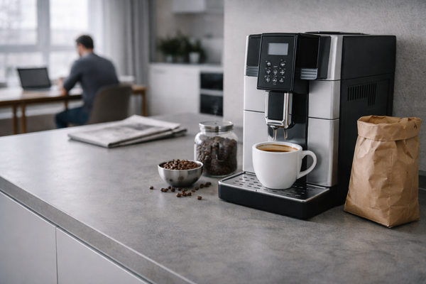 кофемашина на кухне с чашкой кофе и упаковкой зерна, рост домашнего потребления кофе и рынка кофемашин в 2025 году
