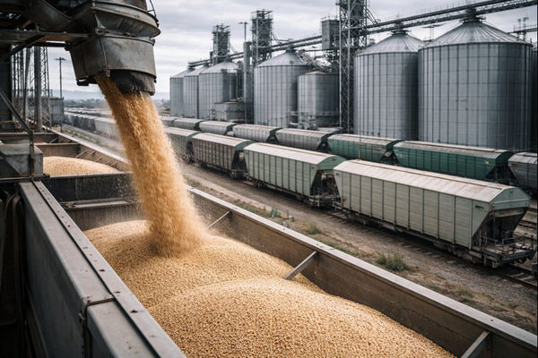 Загрузка зерна в вагоны на зерновом элеваторе как отражение роста цен и логистических процессов на рынке зерна в России