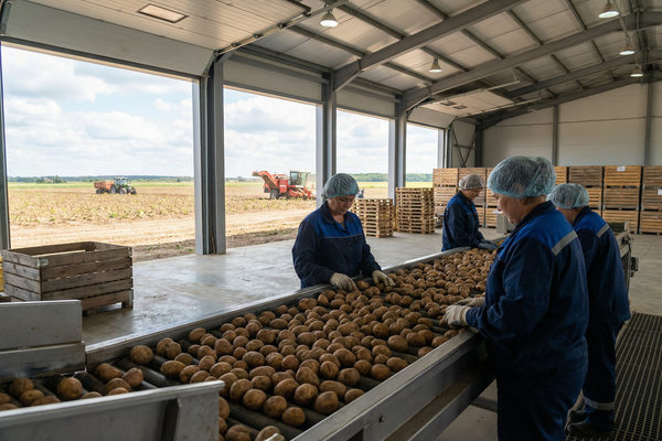 Сортировка картофеля на агропредприятии в России — иллюстрация сырьевой базы и цепочки поставок для экспорта картофельных чипсов