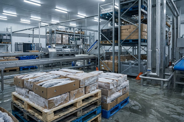 Паллеты с замороженной рыбой на холодильном складе рыбоперерабатывающего предприятия как элемент импортной логистики