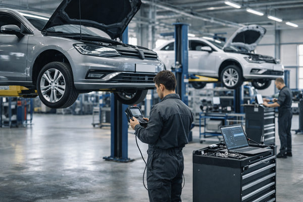 Автомобили на подъемниках в автосервисе, механик проводит компьютерную диагностику — рост рынка ремонта и обслуживания автомобилей в России