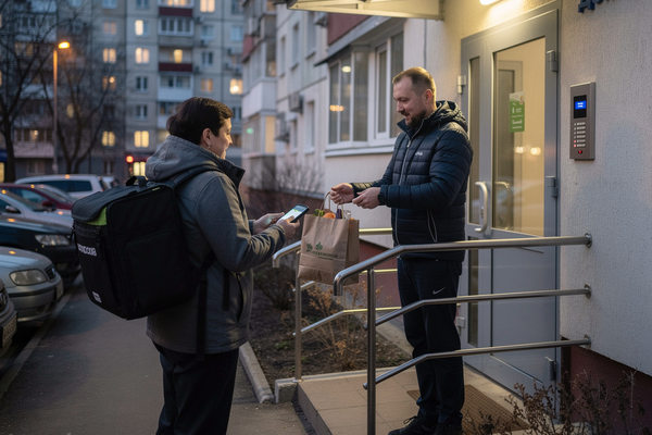 Курьер доставляет продукты клиенту у подъезда жилого дома — рынок e-grocery и экономика последней мили в России