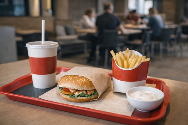 Поднос с бургером, картофелем фри и напитком в ресторане быстрого питания в России