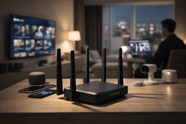 Современный Wi-Fi-роутер в домашнем интерьере с подключенными устройствами — телевизором, ноутбуком и системой умного дома