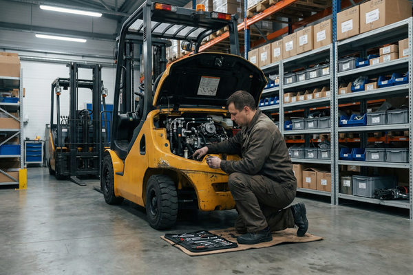 Механик обслуживает вилочный погрузчик на складе — ремонт и продление срока службы складской техники в России