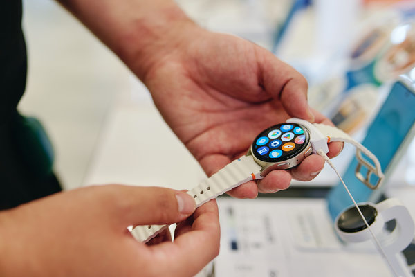 Покупатель держит смарт-часы в магазине электроники, оценивая функциональность устройства на фоне зрелого спроса на носимую электронику в России