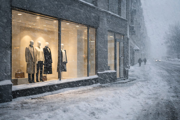 Витрина магазина одежды во время сильного снегопада — снижение офлайн-трафика в ритейле из-за погодных условий