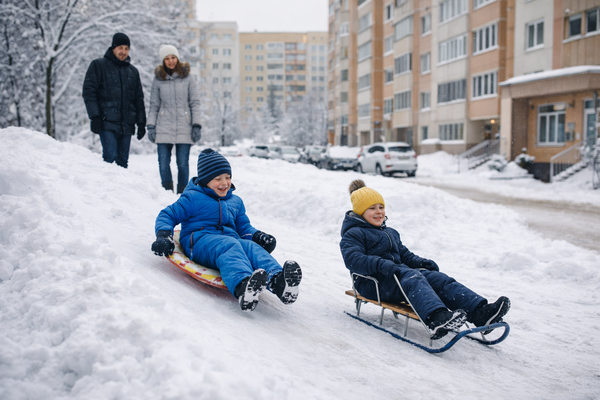 Дети катаются на санках и ледянке во дворе жилого района зимой в Центральной России