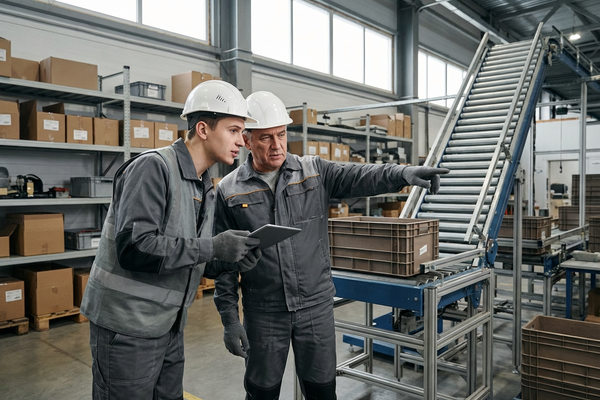 Молодой специалист и опытный наставник на складе во время обучения рабочим операциям как пример адаптации выпускников СПО