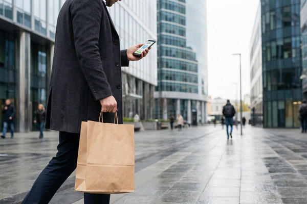 Покупатель со смартфоном и пакетом после шопинга — сочетание онлайн- и офлайн-покупок при обновлении гардероба