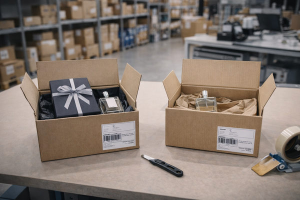 Упаковка премиального и стандартного парфюма на складе — сезонный рост онлайн-продаж перед 23 февраля и 8 марта