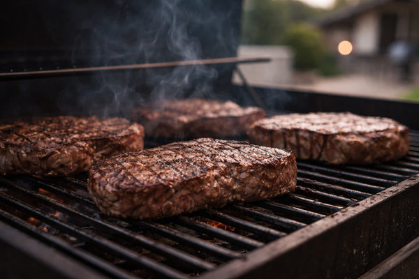 Говяжьи стейки на гриле во время приготовления на открытом огне