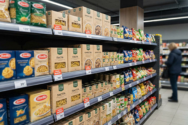 полка супермаркета с товарами СТМ и брендовыми продуктами, рост private label в FMCG и изменение стратегии ритейла