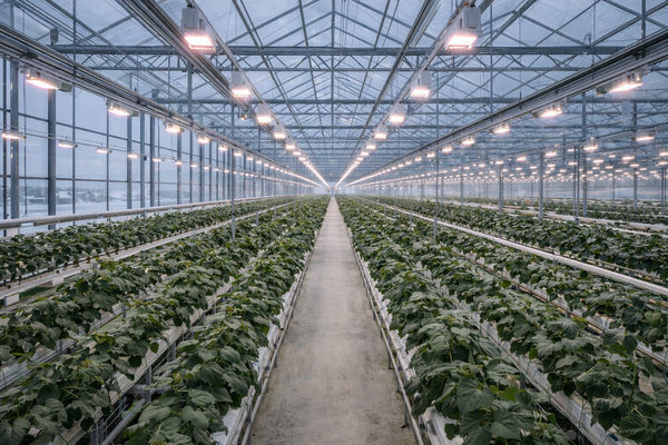 Промышленная теплица с рядами огурцов и системой искусственной досветки зимой