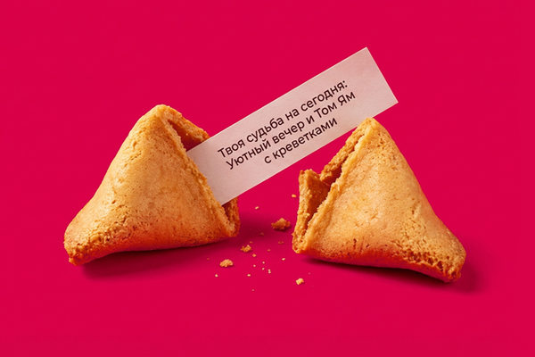Печенье с предсказанием с надписью про том-ям на ярком фоне — иллюстрация роста интереса к паназиатской кухне в России