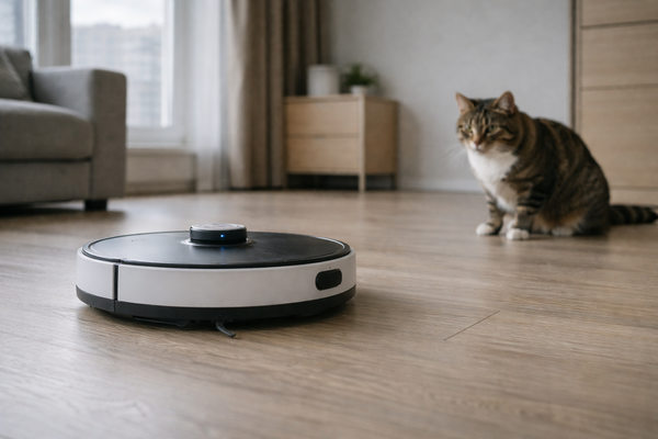 Робот-пылесос в городской квартире и кот — умные устройства в повседневной среде и риски автономной техники