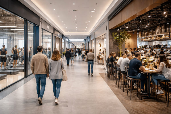 посетители в современном торговом центре с фуд-холлом и магазинами, трансформация моллов в lifestyle-пространство