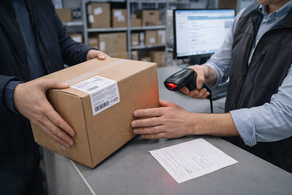 прием возврата товара в пункте выдачи заказов, сотрудник сканирует коробку при оформлении обратной логистики