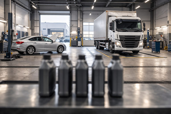 канистры моторного масла в автосервисе на фоне легкового автомобиля и грузового тягача