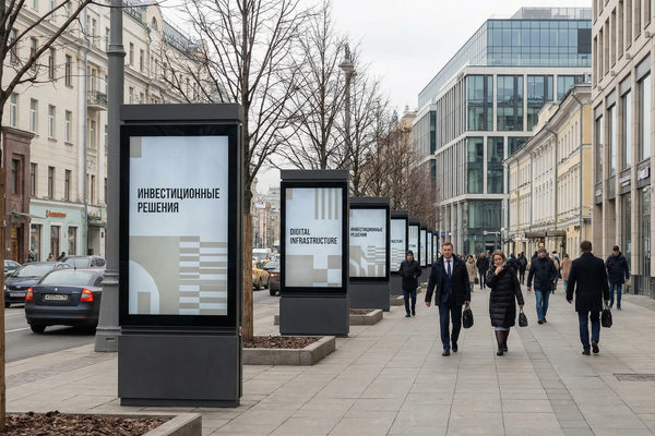 Цифровые рекламные пиллары на улице в центре Москвы — иллюстрация к статье о возвращении «Яндекса» на рынок DOOH и развитии медиа-инфраструктуры