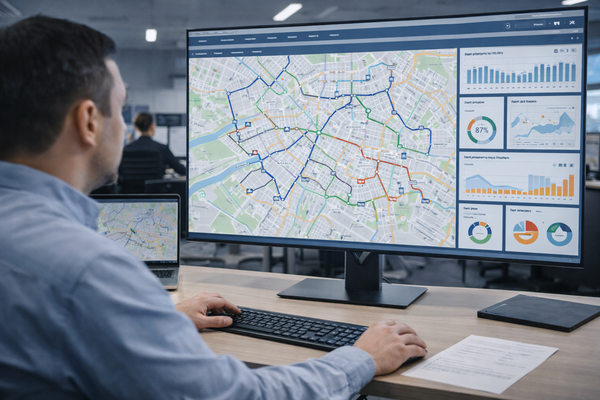 аналитик в логистическом центре управляет системой интеллектуального планирования маршрутов на экране с картой и KPI