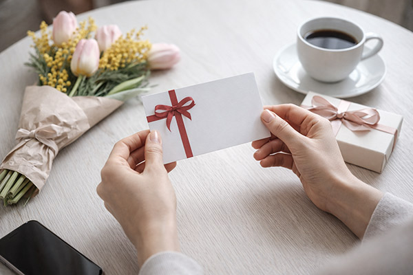 Подарочная карта и букет весенних цветов на столе — современные идеи подарков к 8 Марта