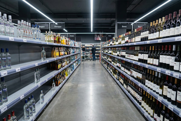 полка алкогольного магазина супермаркет Россия ассортимент водка и вино розничные продажи алкоголь