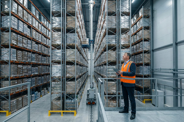 автоматизированный высотный склад с многоуровневыми стеллажами и логистическим специалистом с планшетом