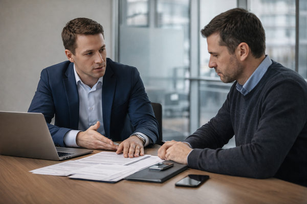 Обсуждение условий автокредита между менеджером и клиентом перед подачей заявки