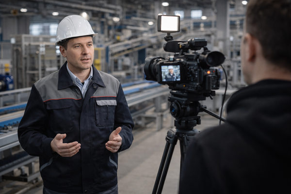 Инженер промышленного предприятия даёт интервью на камеру — пример использования инфлюенс-маркетинга в B2B