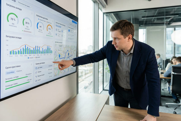 руководитель анализирует BI дашборд с показателями логистики и цепочки поставок на экране в офисе