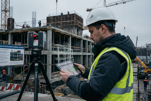 инженер на стройплощадке использует лазерный сканер и планшет для BIM-мониторинга строительства здания