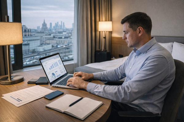 деловой путешественник работает за ноутбуком в гостиничном номере во время командировки — оптимизация корпоративных travel-бюджетов