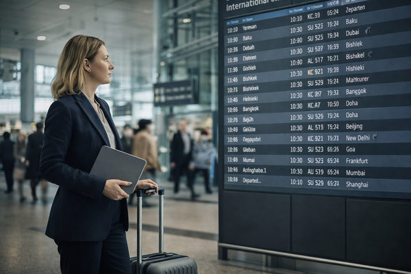 Бизнес-путешественница в международном аэропорту у табло вылетов — рост зарубежных командировок и ранних бронирований в 2026 году