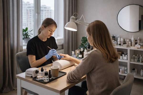 Частный мастер маникюра работает с клиентом в домашней студии — пример индивидуальной практики на бьюти-рынке