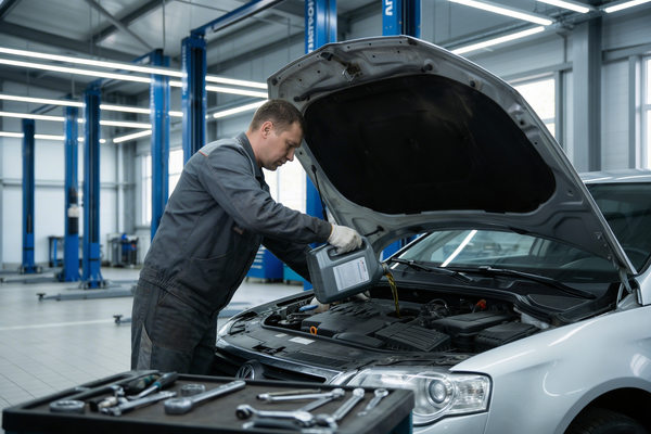 Механик меняет моторное масло в автосервисе — регулярное техобслуживание для продления срока службы автомобиля