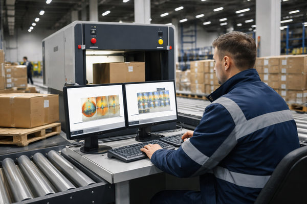 процесс рентген-досмотра грузов на складе с оператором и интроскопом, иллюстрация новых требований к проверке отправлений в логистике