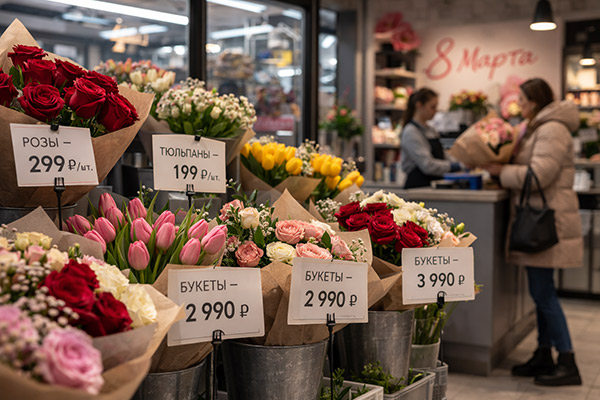 Витрина цветочного магазина с ценниками на розы и букеты перед 8 Марта — рост розничных цен