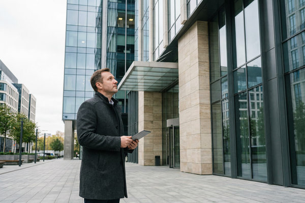 Частный инвестор у современного офисного здания в Москве оценивает объект коммерческой недвижимости