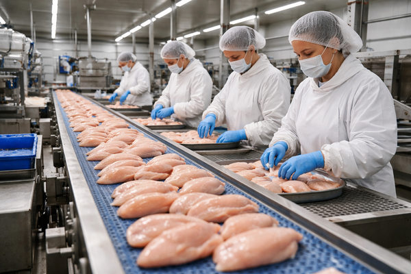 производственная линия переработки куриного филе на мясокомбинате