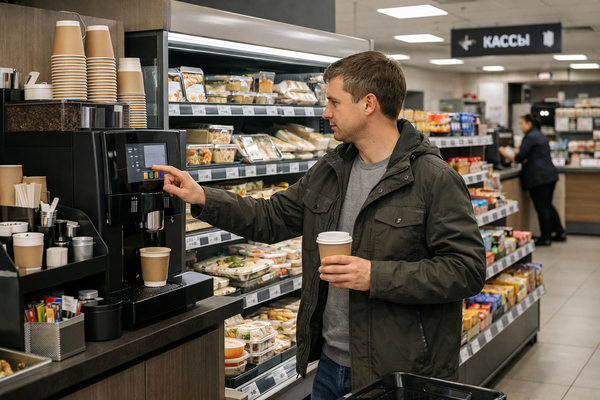 покупатель берет кофе в зоне самообслуживания супермаркета рядом с витриной готовой еды